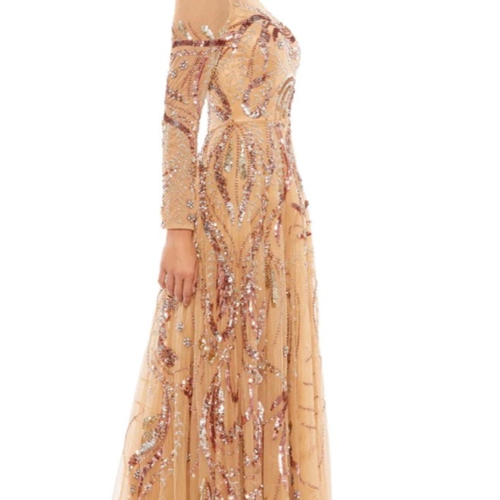 Mac Duggal elegant, fully-embellished long sleeve a-line gown